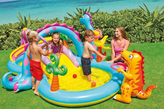 🔥Dinoland Backyard Play Center Kids Inflatable Pool with Slide, Dinosaur Arch Sprinklers